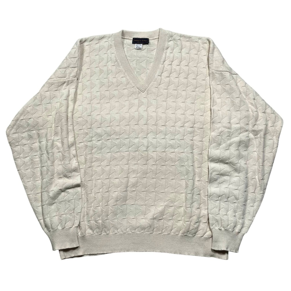 Vintage Andrew Rohan Men's Cream Geometric V Neck Long Sleeve Sweater Size 2XL